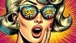A retro comic style showcasing a woman looking over her sunglasses with an expression of utter amazement over a SALE