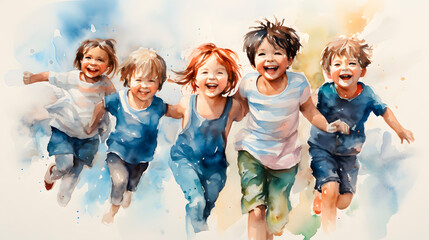 group of children in watercolor, group of happy children