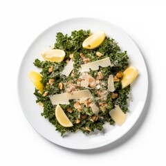 Poster - White round plate presenting a kale salad tossed in anchovy dressing, sprinkled with breadcrumbs, Pecorino cheese, and a squeeze of lemon, against a white backdrop, viewed from above
