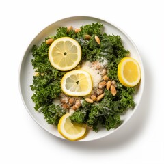 Sticker - Plate of jams kale salad drizzled with anchovy dressing, garnished with breadcrumbs, Pecorino cheese shavings, and lemon wedges, arranged on a white round plate, displayed against a white background i