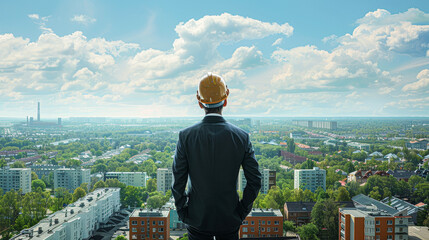 Poster - a man in a suit is looking out over a city. the sky is cloudy, but the city below is bustling with a