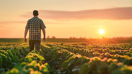 Poster - A man stands in a field of green plants, looking at the sun as it sets. Concept of peace and tranquility, as the man takes a moment to appreciate the beauty of nature