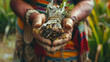 A shaman holding a bundle of sage traditionally used in South American cultures for spiritual cleansing and purification.