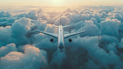 Poster - A white airplane is flying through a cloudy sky. The clouds are white and fluffy, and the sky is a mix of blue and white. The airplane is the main focus of the image