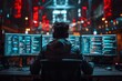 © Exotic Escape - A focused hacker working in a sleek, minimalistic workspace surrounded by multiple screens displaying open terminal windows, emphasizing cybersecurity and digital technology concept