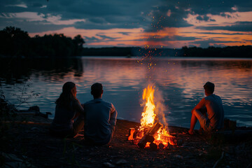 Group of friends enjoying around summer campfire.