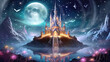 Magical kingdom, glowing castle, silver moonlight, dreamy fantasy, night sky