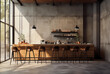 © IMAGINE AI - modern coffee shop with raw concrete wall. cement floor. bar counter with stools.
