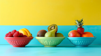 Wall Mural - fruit bowls featuring fruits arranged against colorful backgrounds - AI Generated