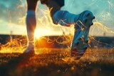 Fototapeta Sport - Close up legs of a soccer player ball on a stadium, shoe of football player in action with sunset