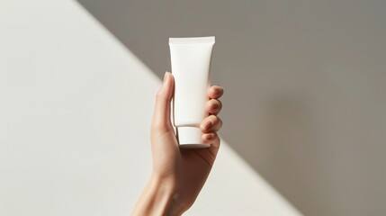 female hand holding a white cosmetic product, mockup tube of cream on a white isolated background