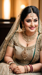 Wall Mural - Golden Radiance: Empowering Portrait of a Confident Overweight Indian Bride in Opulent Golden Lehenga, Celebrating Tradition, Generative AI.
