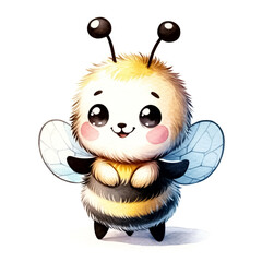 Wall Mural - An illustration of a cute bee character with smiling face, rendered in watercolor style.