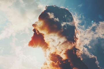 Wall Mural - silhouette of jesus christ and cloudy sky, double exposure, copy space - generative ai