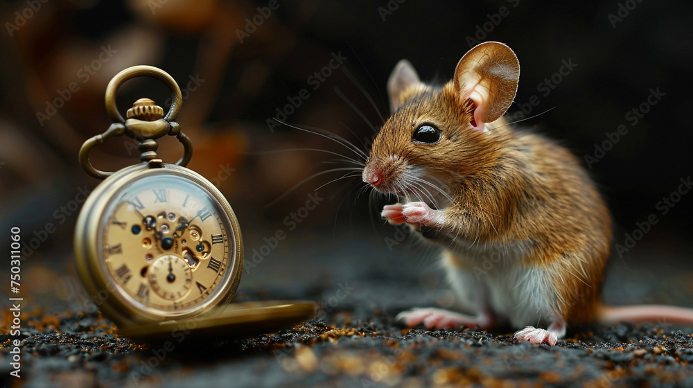 Mouse With Clock Classic scene of a mouse with a pocket watch reflecting on the value of ...