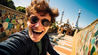
A happy tourist captures a selfie self-portrait with his smartphone amidst the iconic architecture of Park Guell in Barcelona, Spain, hi.s smile reflecting the joy of vacationing.