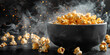 TV time treat Glass bowl filled with fresh, buttery popcorn a bowl of popcorn on a table with a black background.AI Generative