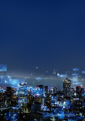 Poster - Modern city and digital technology concept. Smart city. Digital transformation. Vertical visual for advertisements and banners.
