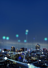 Poster - Modern city and wireless communication network concept. Smart city. Digital transformation. Vertical visual for advertisements and banners.