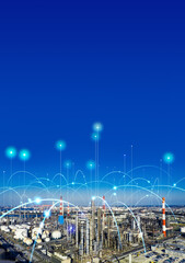 Modern industrial area aerial view and communication network concept. Communication network. INDUSTRY 4.0. Factory automation. Vertical visual for advertisements and banners.