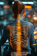 highlighted spine of a full body of a woman with neck and back pain in the office, medical concept