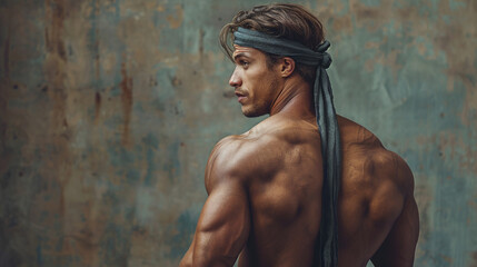 Wall Mural - Muscular man with a headband posing against a textured backdrop, showcasing fitness and strength.