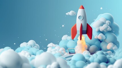 3d render rocket launch on computer laptop. new business start-up ideas. learning knowledge creativity. business success concept. 3d rendering illustration cartoon minimal style.