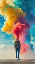 A Person Is Standing Facing Away From The Camera On An Outdoor Surface With A Clear Sky Visible Above. The Person's Head Is Obscured By A Large, Vibrant Cloud Of Multicolored Smoke Which Takes On Hues