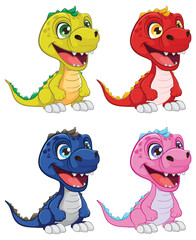 Poster - Four cute dinosaurs in vibrant colors smiling.