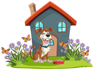 Sticker - Cheerful dog with butterflies near a cozy house