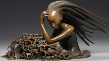 A Sculptural Representation Of A Young Asian Woman Grappling With Hair Loss, Her Hand Holding A Brush.