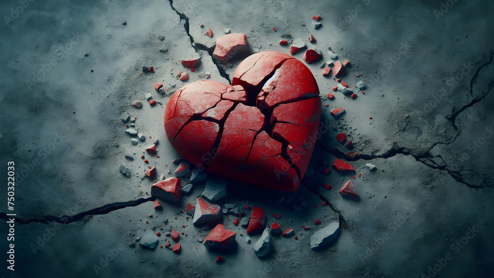 Heart Smashed red stone heart smashed in a cracked concrete ground as a symbol for a ...