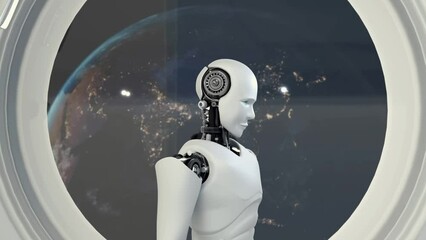 Wall Mural - xai futuristic robot, artificial intelligence cgi inside spaceship in space universe overlooking pla