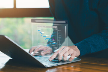 Fototapete - schedule plan management work update. project planner in software workflow. concept updating and managing milestones on a timeline Gantt chart in technology online. appointment staff of business