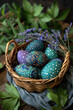 © Oleksandr - A basket of colorful dyed eggs and lavender. Easter card