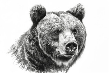 Wall Mural - Grizzly bear engraving sketch isolated on white background. Portrait of big bear with copy space