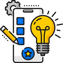 App idea for web application development and UI software coding and optimization, vector icon. Mobile application develop and engineering color outline icon with idea lamp bulb, cogwheels and pencil