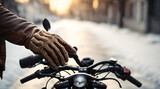 Fototapeta  - Closeup woman biker with glove safety ride acceleration speed control, hand holing handbrake on motorcycle vehicle and nature background.  generative ai 