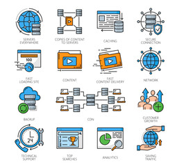 Fototapete - CDN content delivery network icons, digital media distribution service, vector line symbols. CDN or computer and internet technology system icons of web information, search analytics and data server
