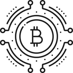 Poster - Bitcoin cryptocurrency transaction, blockchain technology, fintech linear icon. Blockchain technology, digital commerce, fintech thin line vector icon with computer motherboard traces, bitcoin coin
