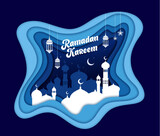 Fototapeta  - Ramadan Kareem paper cut banner. Muslim mosque, arabian lantern lamps and crescent moon on sky. Arabic greeting, Ramadan Kareem holiday banner or Eid Mubarak celebration paper cut vector background