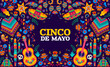 Cinco de mayo Mexican holiday banner. Greeting card with cartoon vector guitars, sombrero, chameleon, flowers and calavera sugar skull. Pyramid, bones, candle and maracas with pinata in alebrije style