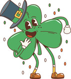 Fototapeta  - Cartoon retro shamrock trefoil clover groovy character, saint patrick day holiday personage. Vector funny leaf with leprechaun top hat and friendly smile spreading joy and luck for Irish festival