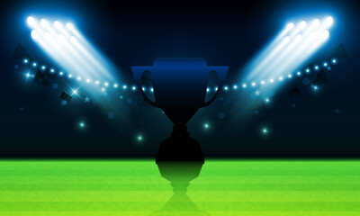 Wall Mural - Football arena field with bright stadium lights Shiny Trophy of Achievement Celebrating the Winning Champion's Golden Success in a Competitive Sport Contest vector design