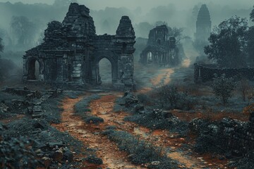 A desolate landscape with a path leading to a ruined building