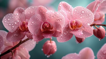  a close up of a pink flower with drops of water on it's petals and a green background with a blue sky in the backround of the photo.