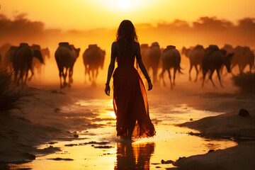 View of woman from behind walking in meadow Savannah with animals Dust and orange sunlight in the evening are the background.  Background Abstract Texture. Realistic clipart template pattern.