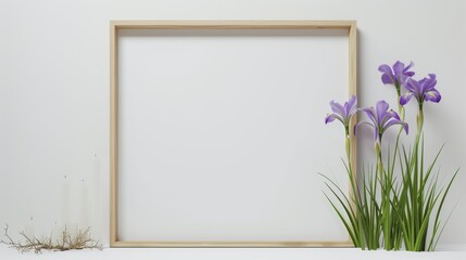 Wall Mural - 3D mockup empty picture frame wooden texture with purple iris flowers on a white background