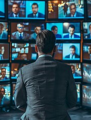 Poster - A man in a suit is looking at a large screen with many people on it