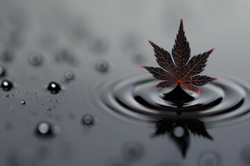 A leaf is floating on top of a dark blue body of water